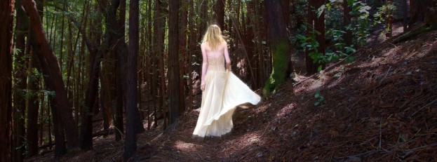 Woman in pink and white dress walks into forest