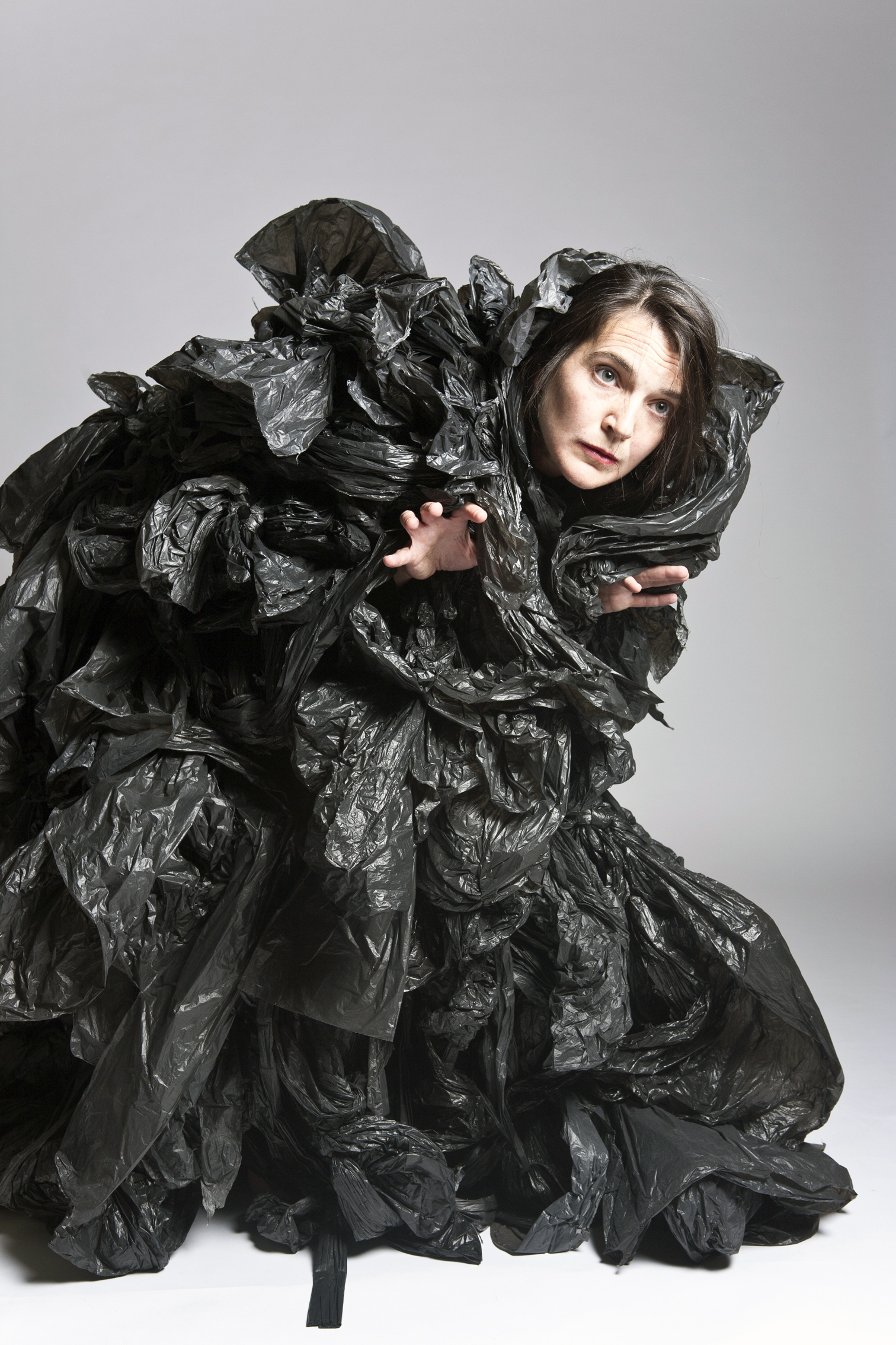 solo mover in a costume of garbage bags