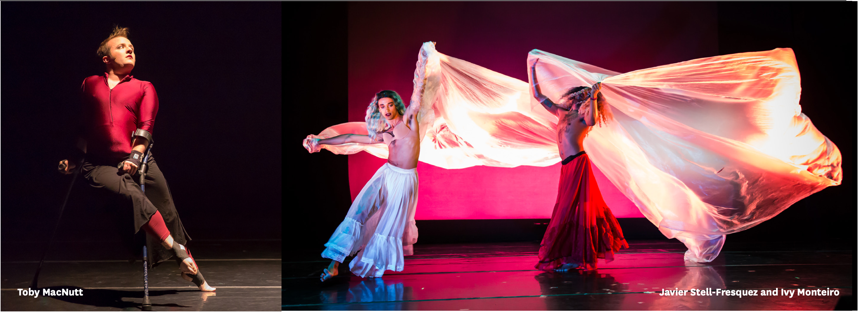 Collage with a performance shot of Toby MacNutt posing and a performance shot of Javier Stell-Fresquez and Ivy Monteiro in motion