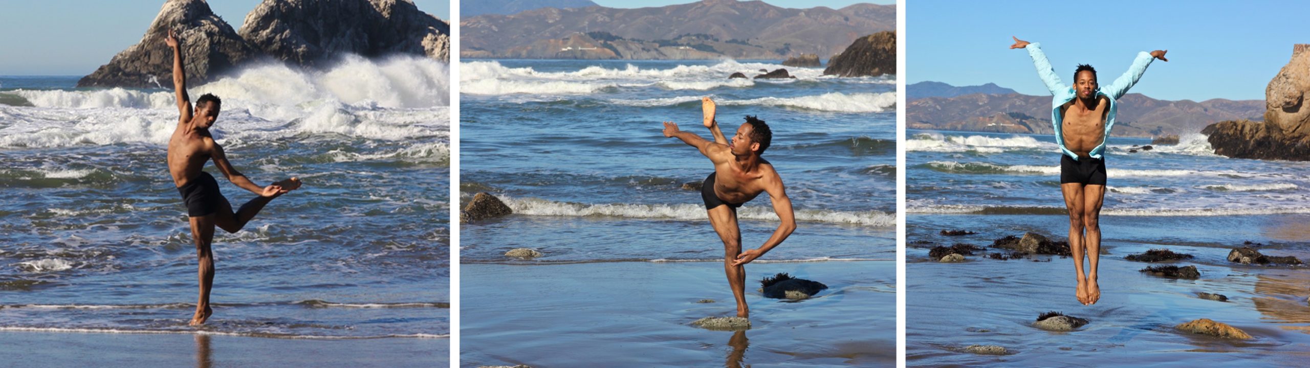 Series of three photos of ArVejon Jones dancing on a beach