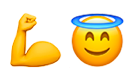 Flexed bicep emoji and smiling face with halo emoji