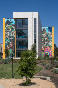 Mural on the exterior of a student housing complex at CSU Dominguez Hills: Lessons from Wise Woman (Tongva Elder Julia Bogany), 2020.