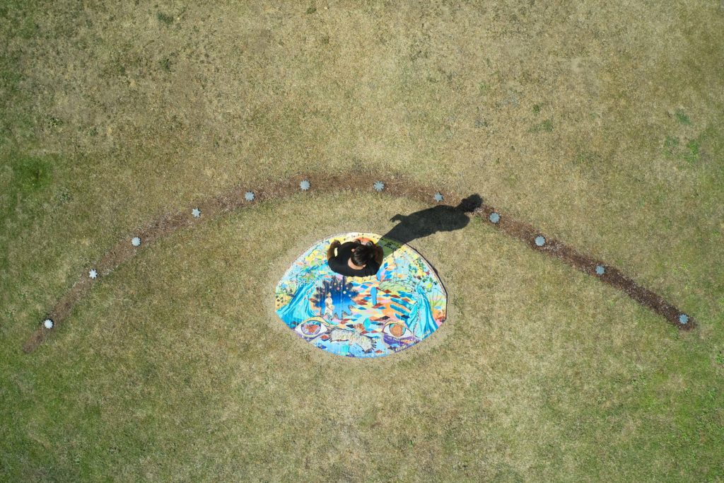 A human sundial installed at the LA State Historic Park by Julia Bogany, Megan Dorame, and iris yirei hu: Pakook koy Peshaax (The Sun Enters the Earth and Leaves the Earth), 2021.