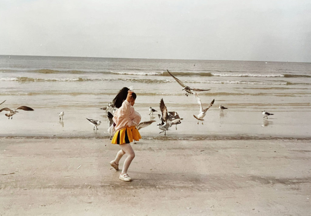 A Chinese American toddler dressed in tights, dress, and jacket runs on the beach amongst a flock of seagulls.
