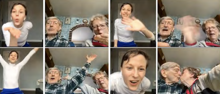 Collage of Magda, Bob, and Barb dancing. They’re blowing kisses, waving hands, reaching arms up in a V, Bob and Barb kissing