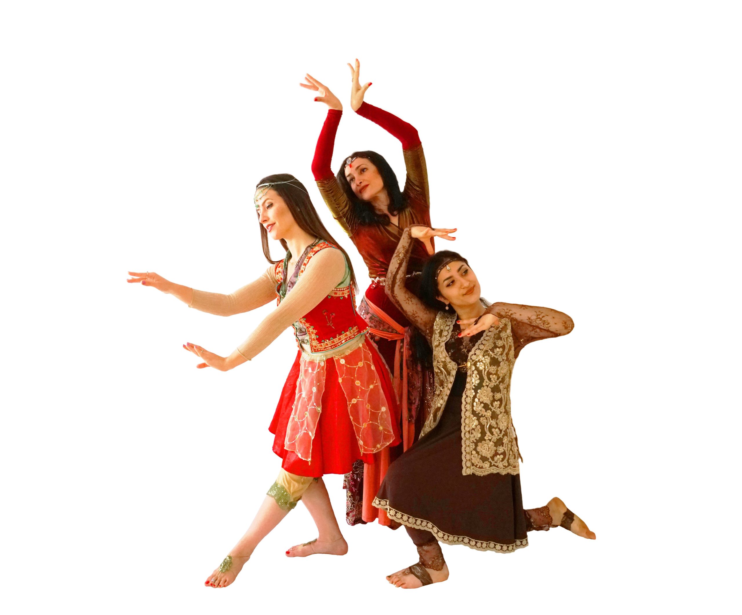 A trio dressed in different colors and posed in a tableau, looking different ways but connected together.