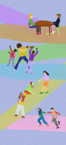 Digital drawing. From top to bottom: two people sitting at a table, three dancing, three helping each other up, two running away.