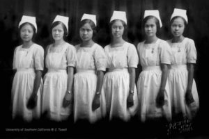 Black & white photo of nursing class of 1929, St. Paul's Hospital, Intra. Misses Yadao, Fink, Andaya, Abuan, Peralta and Tapaoan.