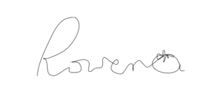Rowena Richie's signature with a tomato replacing the "A" in "Rowena"