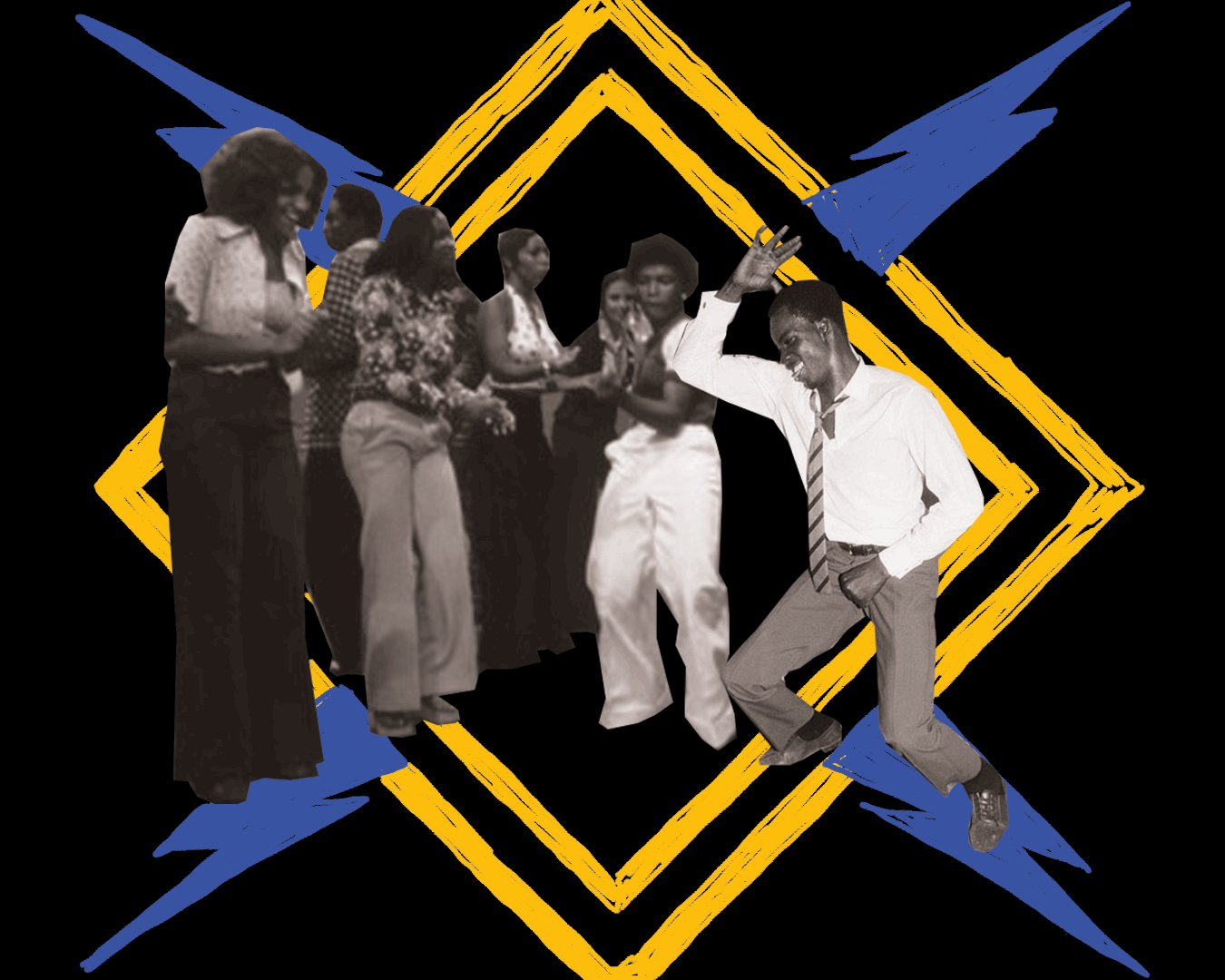 Black and white collage of people dancing overlaying a blue and yellow illustration on a black background.