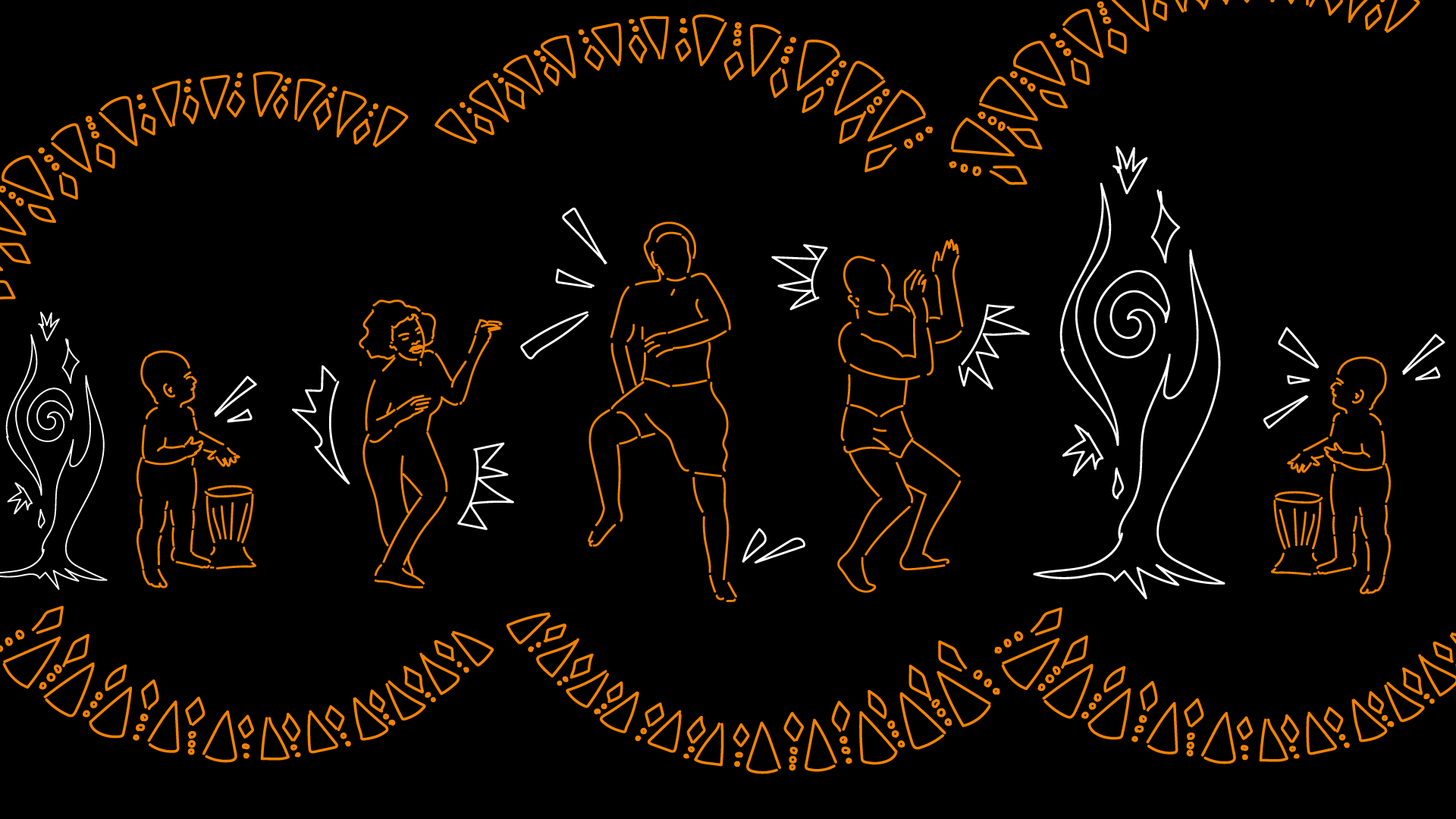 Illustration in white and orange on a black background showing the stages of dancing through life