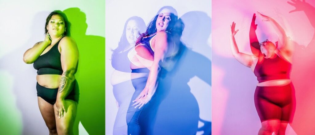 Three photos of dancers in row, each with a different color light reflecting on the wall behind them