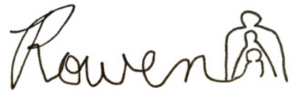 Rowena Richie's signature with a three nested figures replacing the "A" in "Rowena"