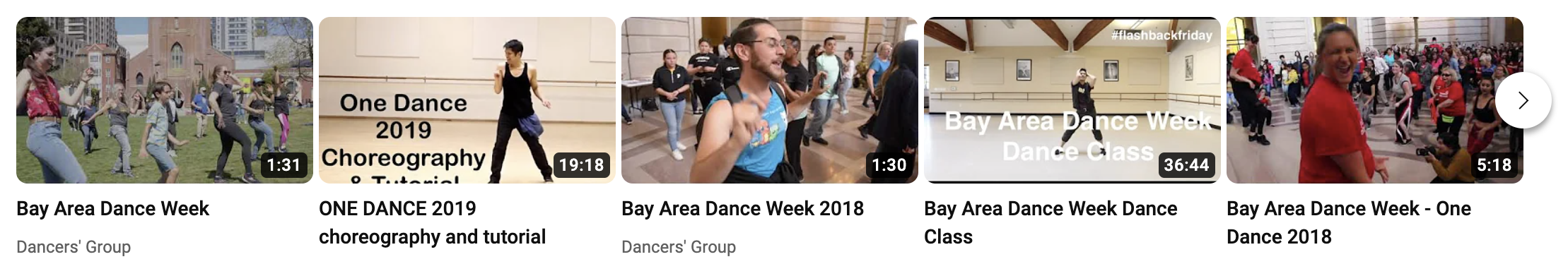 Thumbnail images of six Bay Area Dance week videos on YouTube