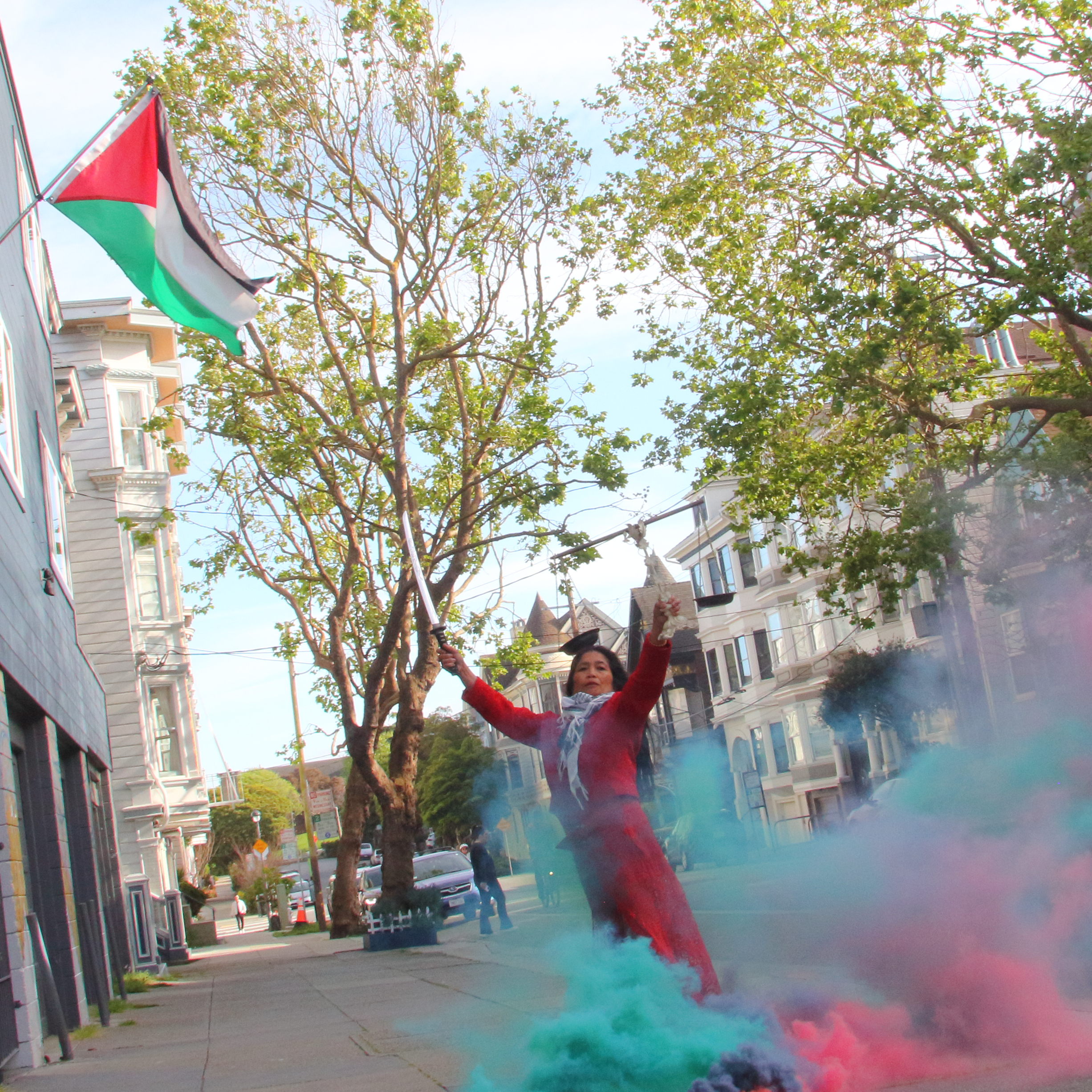 image of Lady Justice with Palestinian flag and colors 