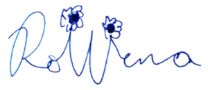 Rowena Richie's signature with two flowers blooming from the "W" in "Rowena"