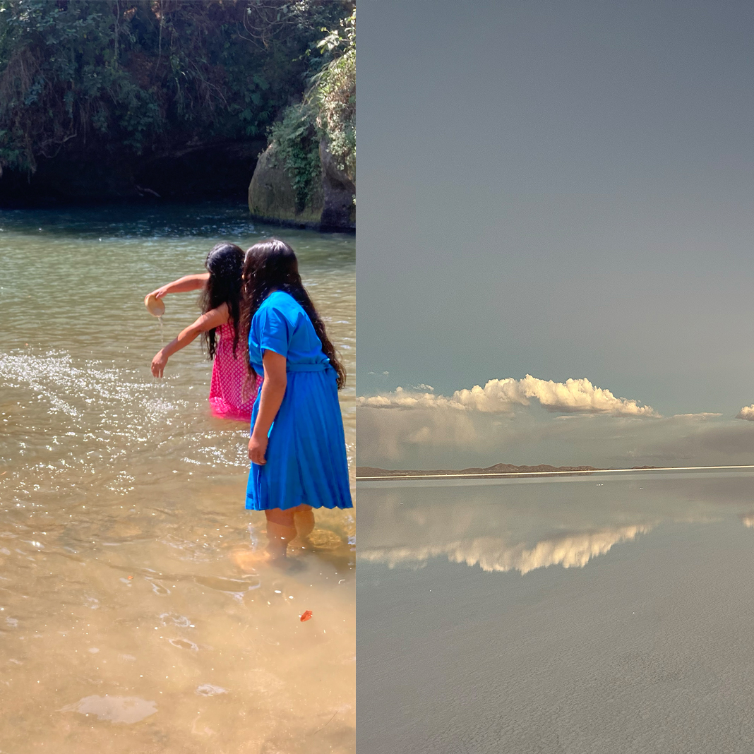 Right:  A strip of clouds and a gray blue sky are reflected over still and flat  ocean water. Left:  Four women are standing in a river under a sunny sky dressed in pink and blue using jicara bowls to play with water.
