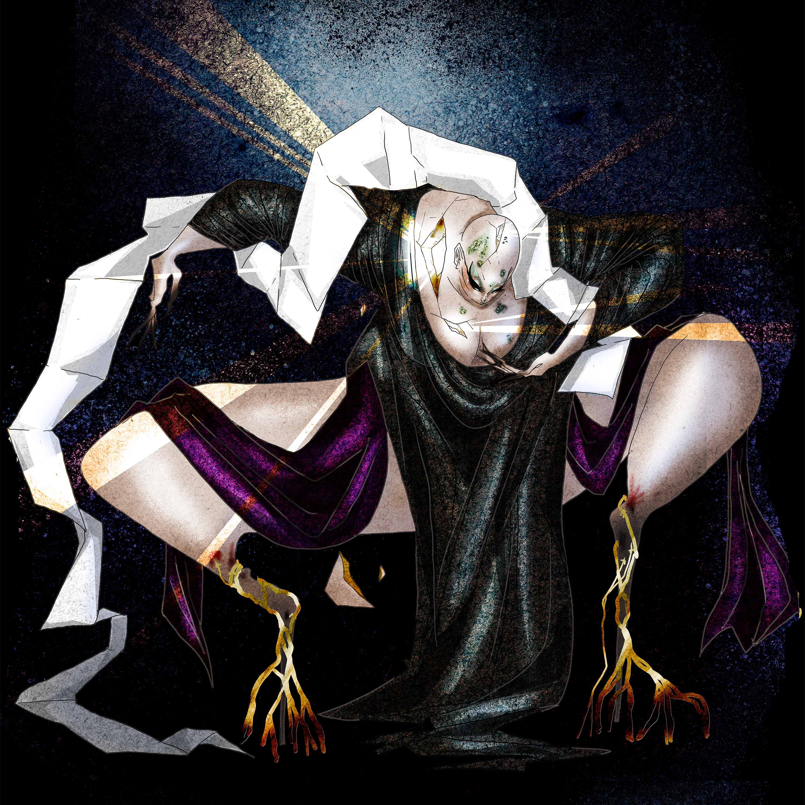 A drawing of a large busomed white drag performer squatting dancerly, shrouded in black, white, and purple fabrics