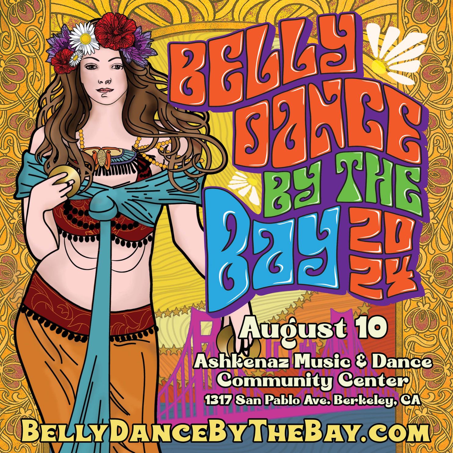Graphic design with bright colors for Belly Dance by the Bay, including a belly dancer with finger cymbals.