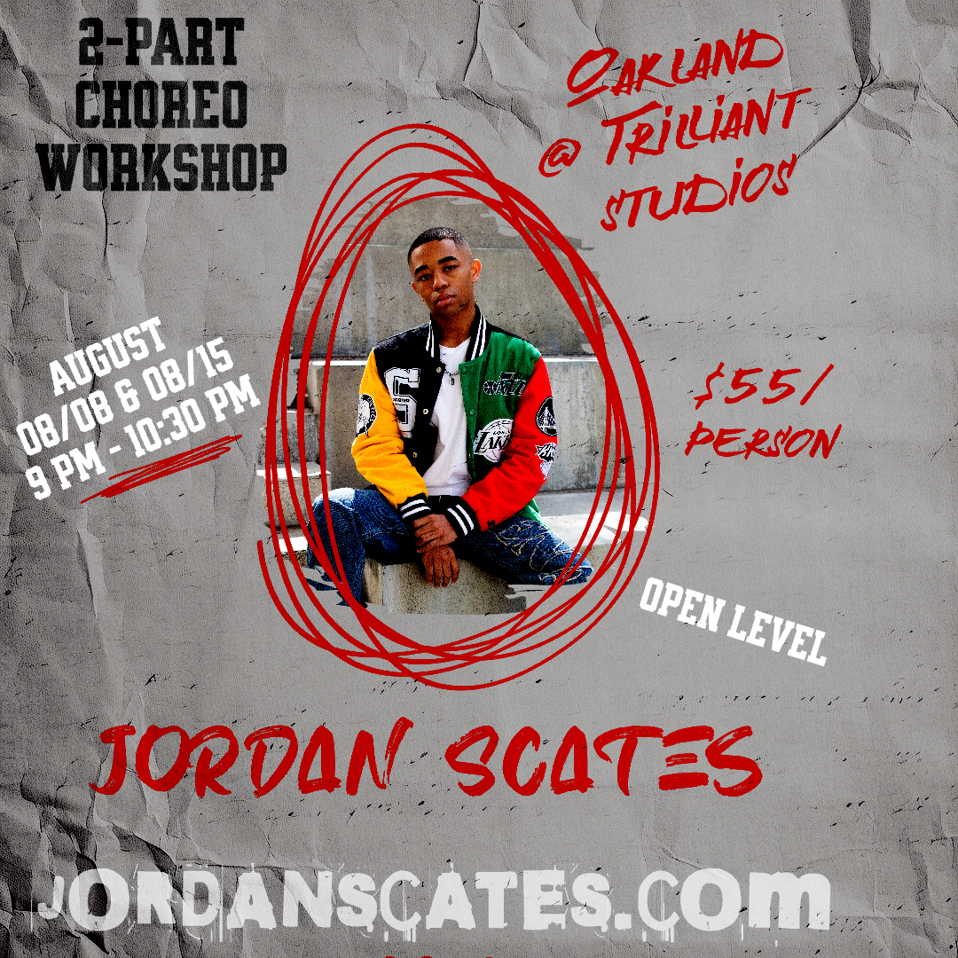 Flyer for a 2-Part Choreo Workshop featuring Jordan Scates. The flyer has a gray, textured background with black, red, and white text. At the center is a photo of Jordan Scates, sitting on steps, wearing a colorful varsity jacket with patches and jeans. The text reads: 