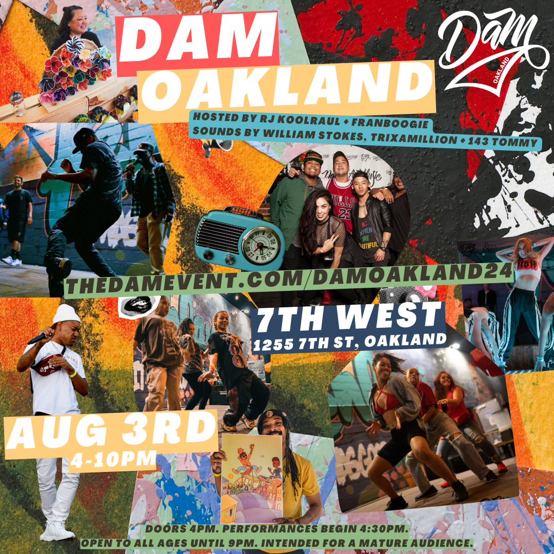 A collage of event photos and colored patterns to highlight an upcoming event called DAMoakland on Saturday August 3rd in Oakland, CA.