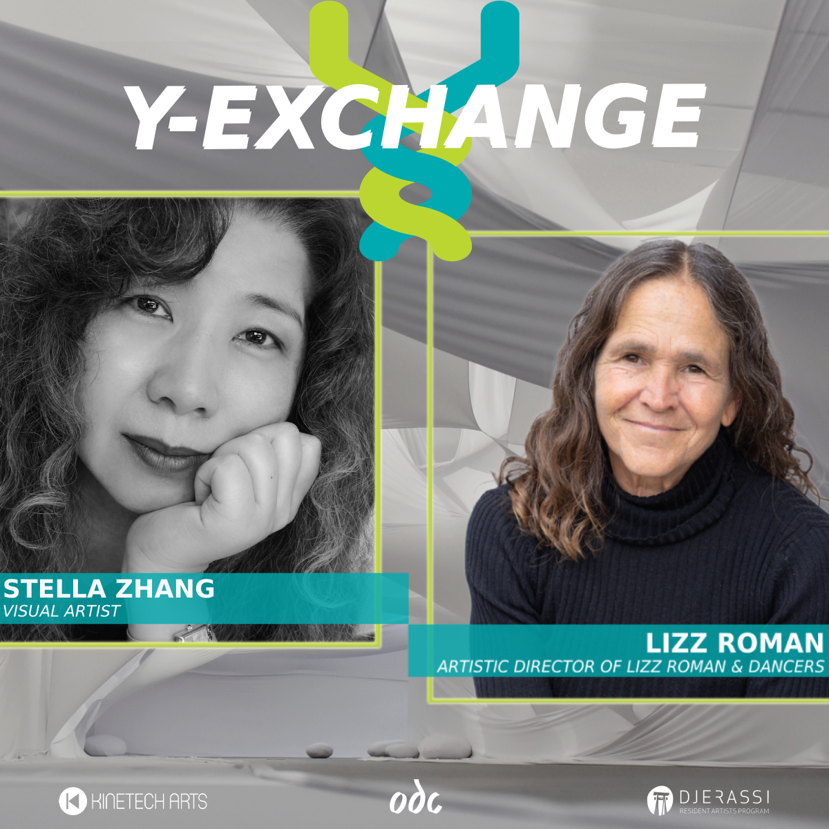 This graphic features portraits of visual artist Stella Zhang and artistic director Lizz Roman. Stella's installation work entitled Pliability is used as a background for the image and represents white fabric stretched across a spacious room.