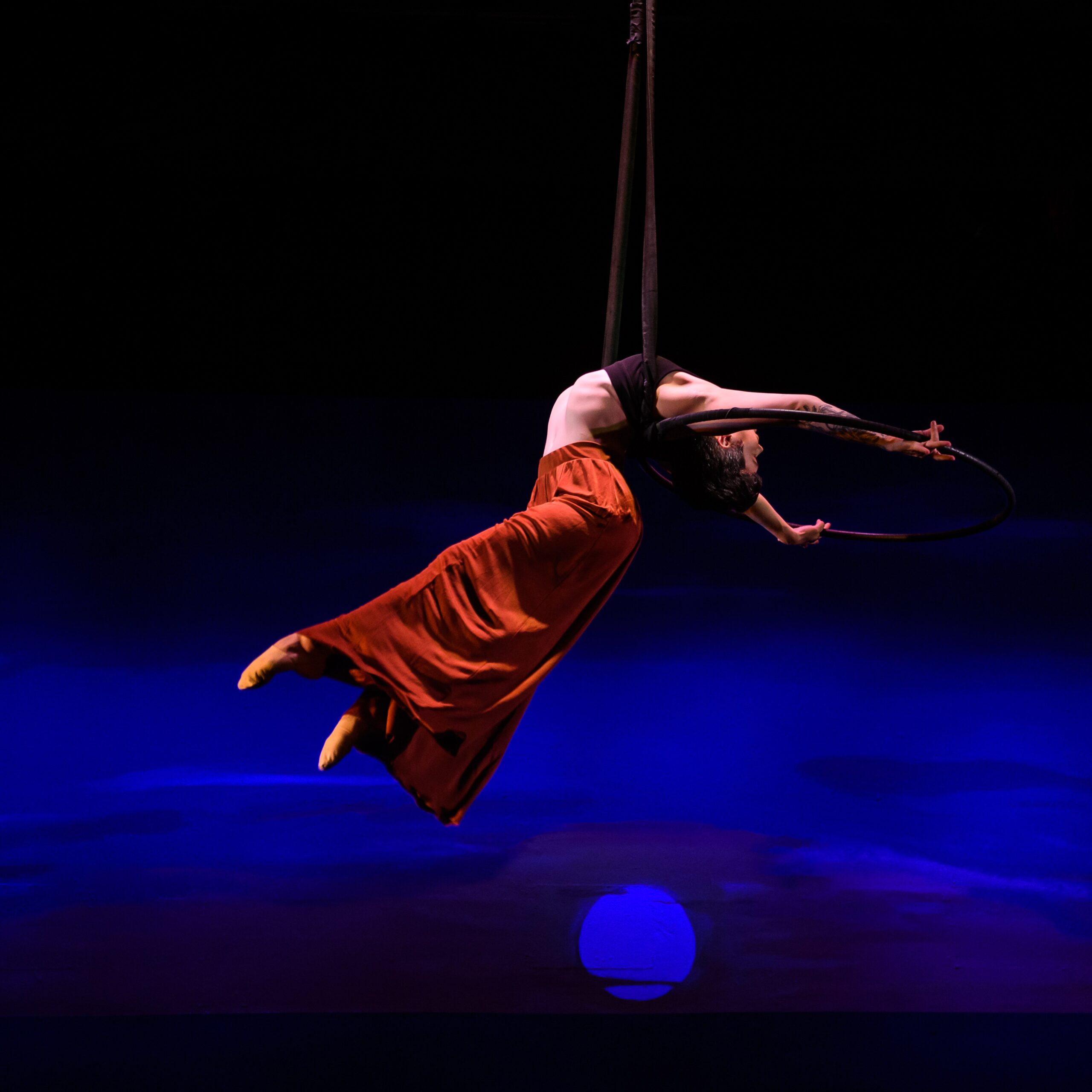 An aerial performer hangs from an aerial hoop in a graceful backbend.