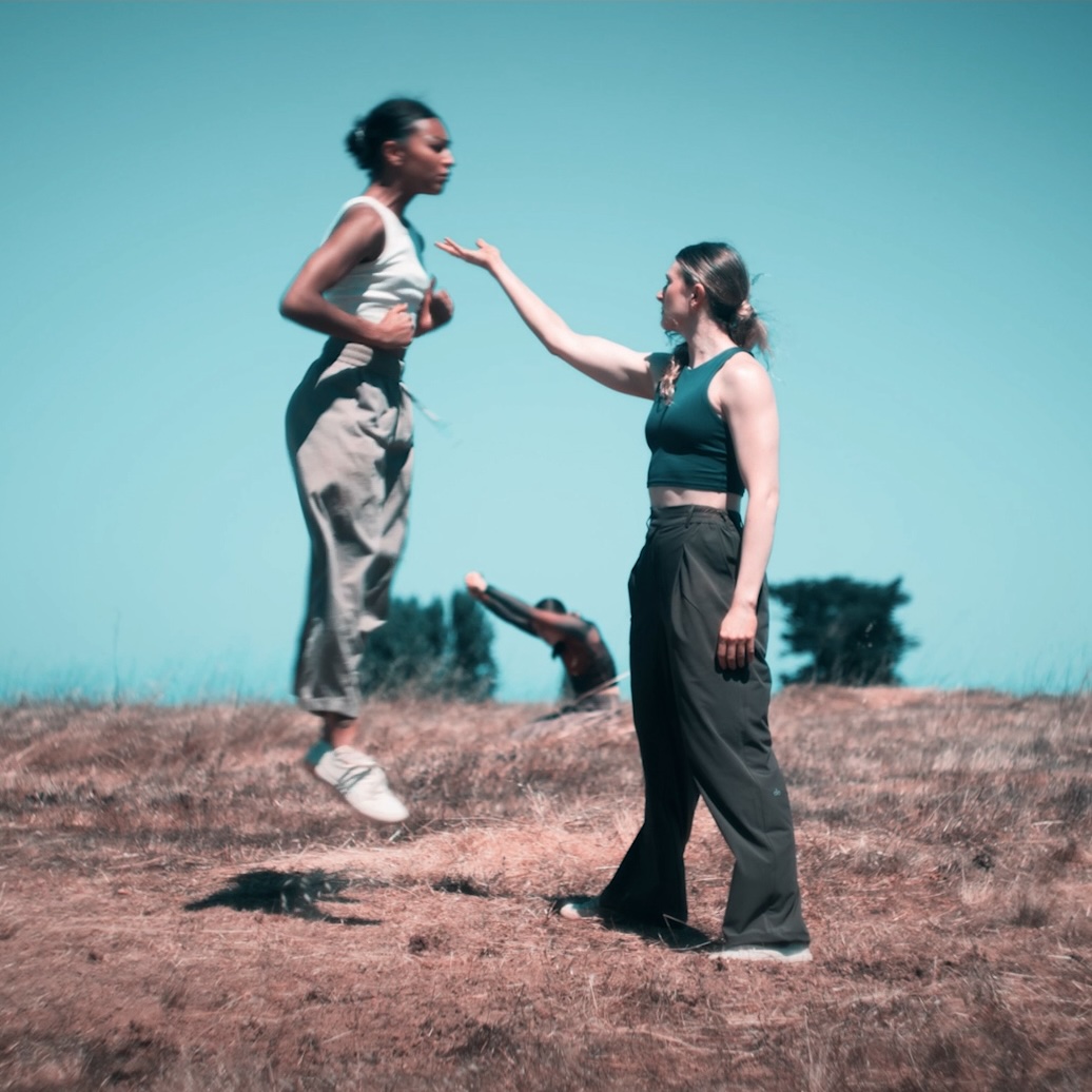 Three dancers are in an outdoor grass field. One is jumping, one is waiting to catch, one is sitting on the ground.