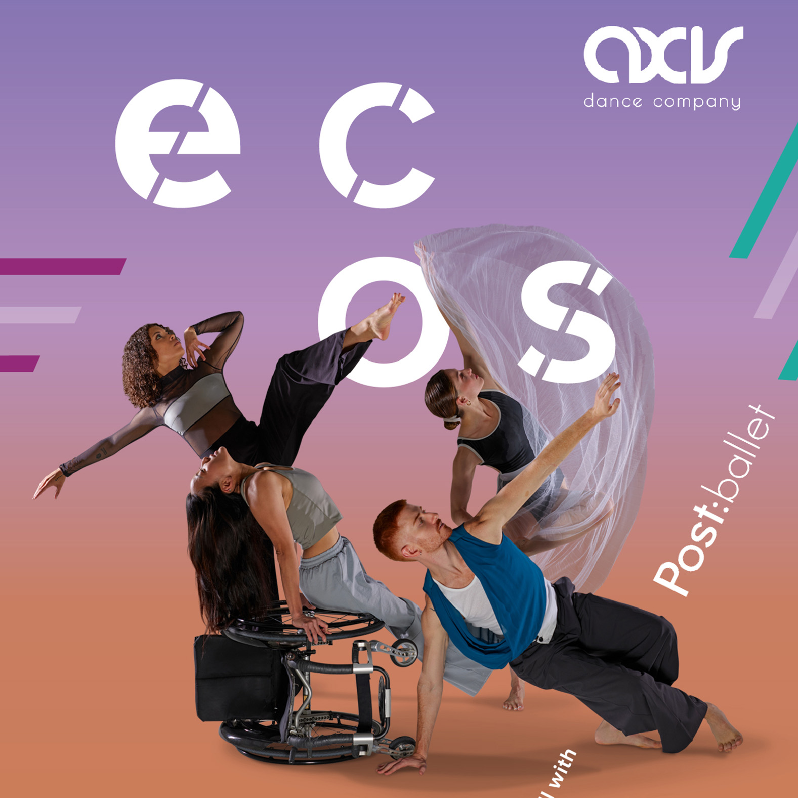  A poster with a purple, orange gradient. In the center four disabled and non-disabled dancers strike a pose. Above the dancers is the title in large white font, “Ecos”.