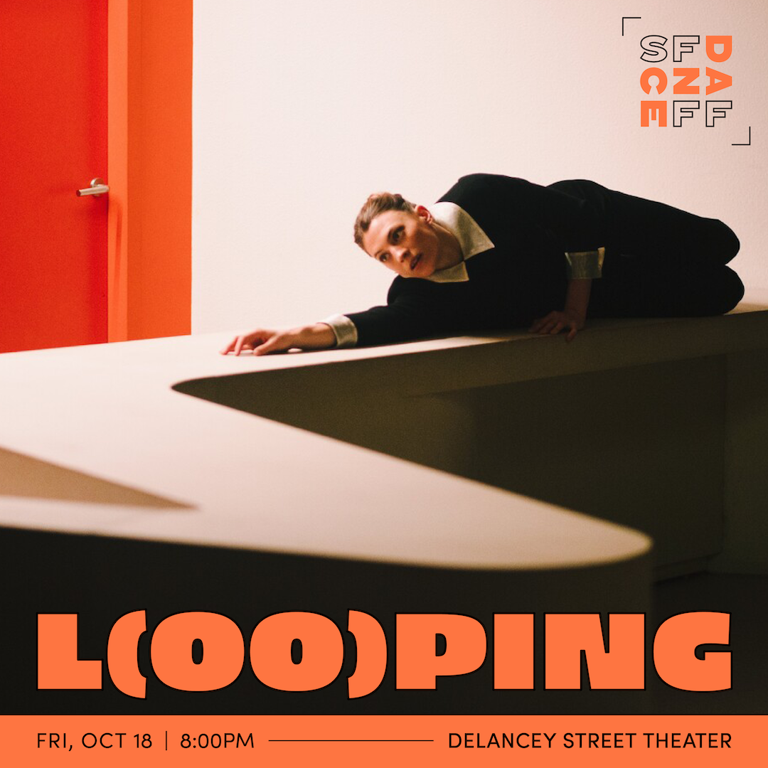 Person leaning over a white table with an orange door in the background and text promoting a performance event.