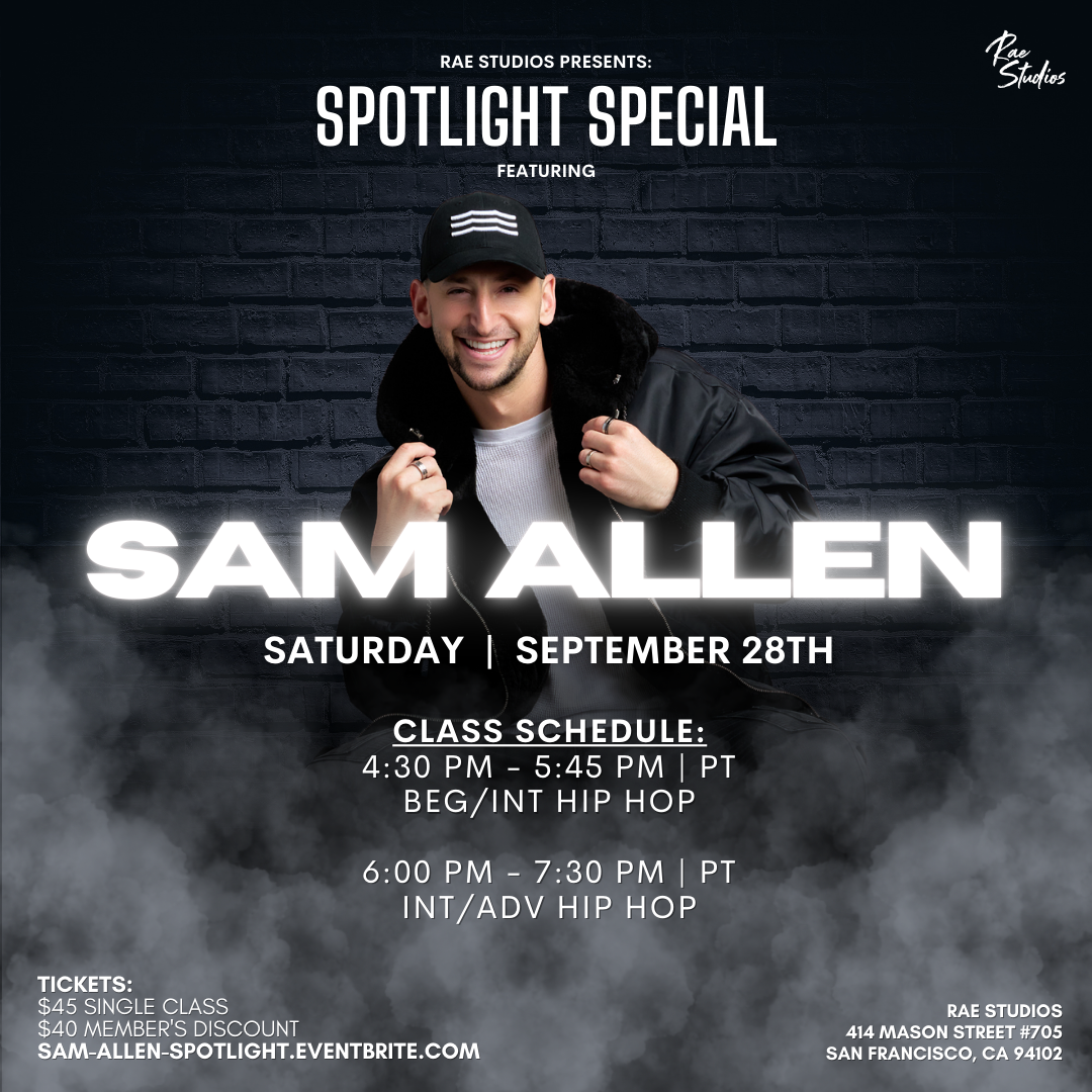 alt= Promotional poster for a dance class event featuring Sam Allen on Saturday, September 28th. The poster includes the class schedule, pricing, and event location.