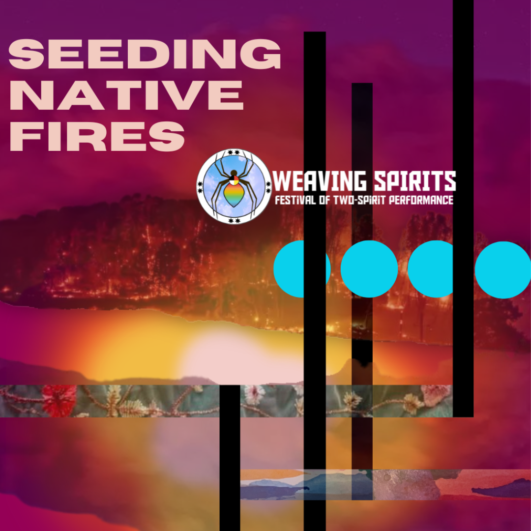 Four blue dots with black lines on a maroon orange background with the title Seeding Native Fires