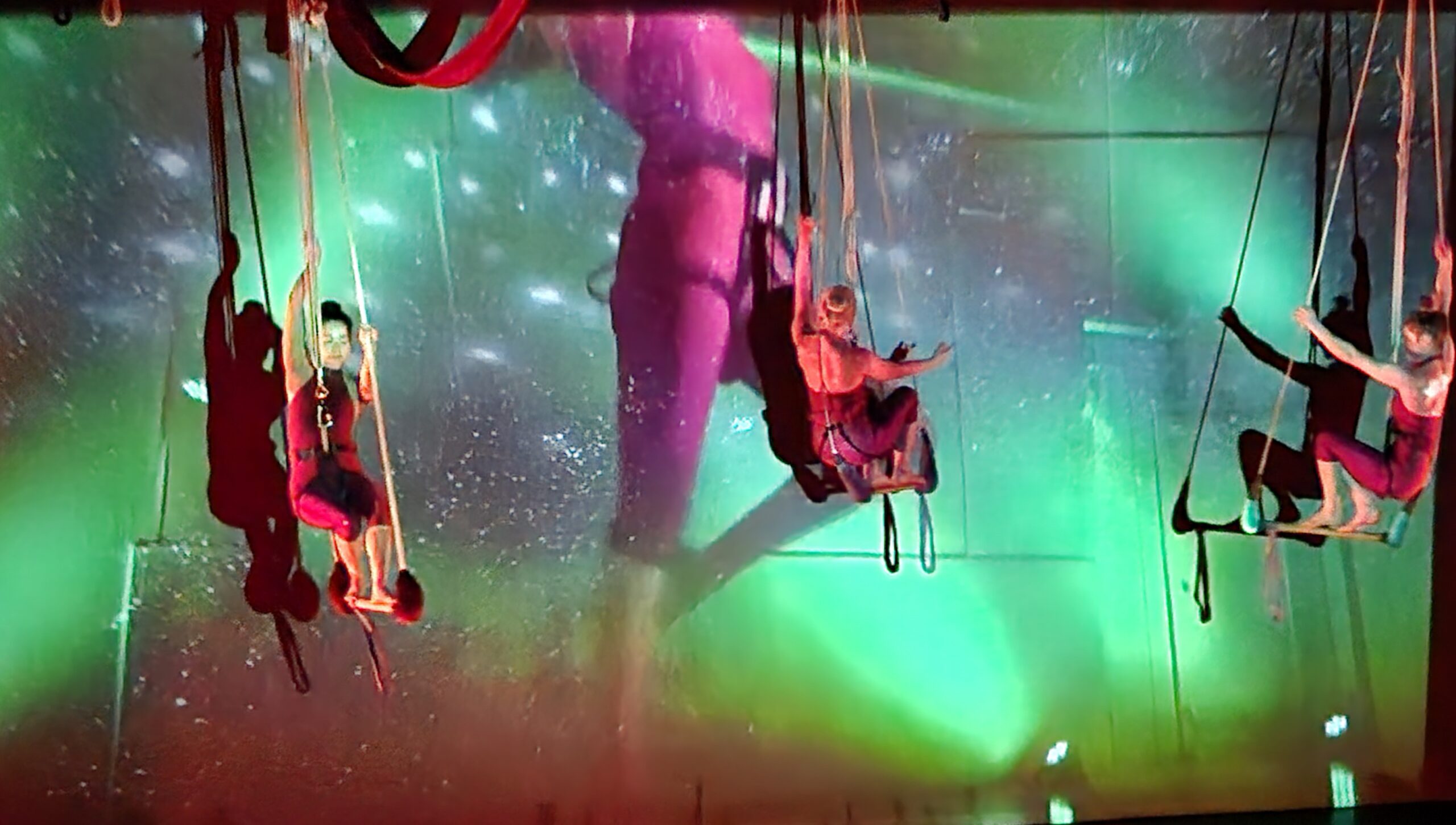 3 dancers are in the air suspended by a bungee