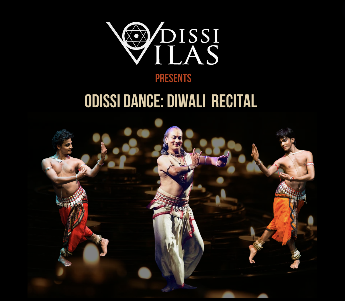 A photo three male dancers in Odissi dance costumes against a black backdrop with shimmering lights. The dancer in the center, dressed in white, is miming holding a flute, while the two dancers flanking him, dressed in red (left) and orange (right), are miming looking into handheld mirrors. Text above the image says: “Odissi Vilas presents Odissi Dance: Diwali Recital”