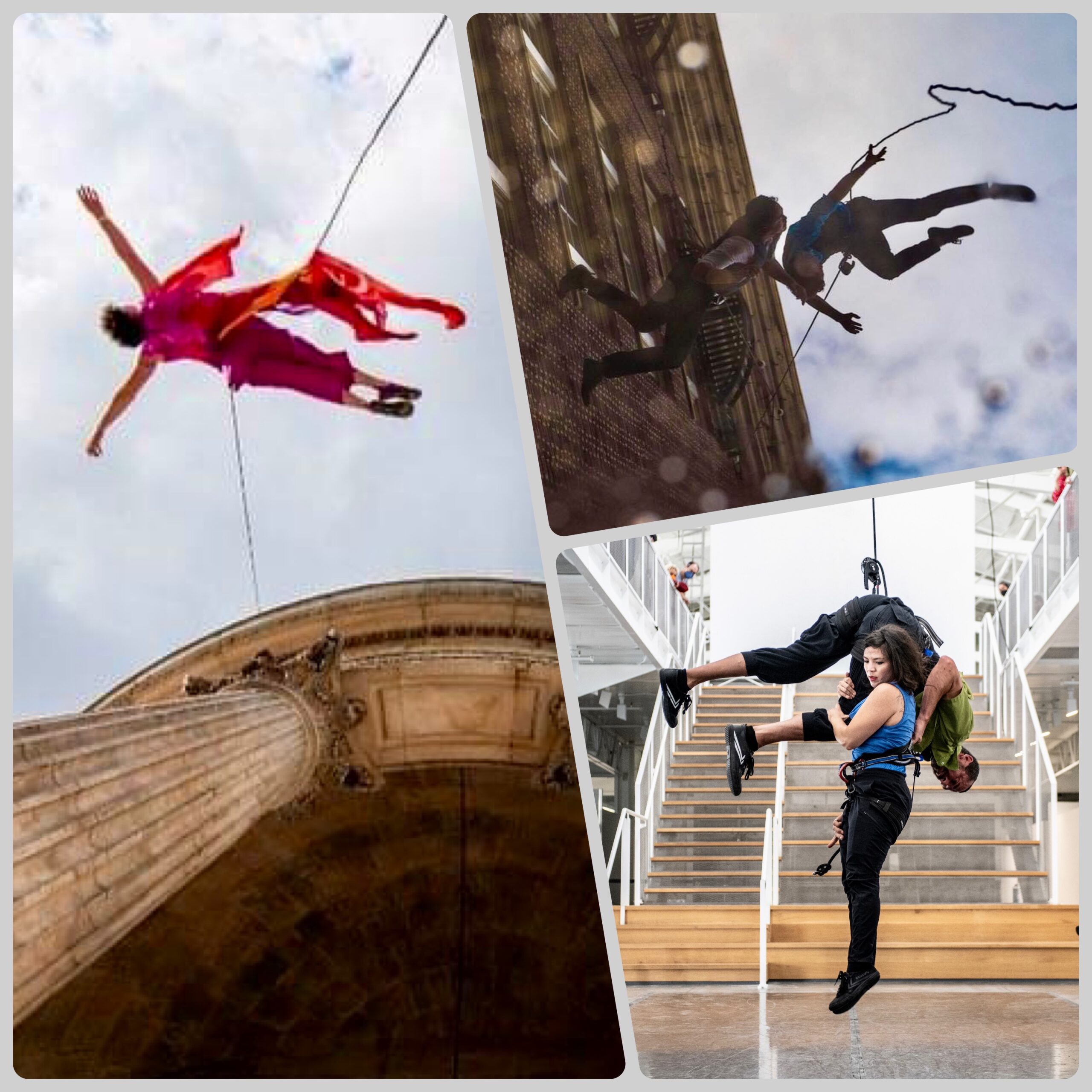 A 3 image collage: 1) Becca Dean flies across a cloudy blue sky; 2) Melecio Estrella and Roel Seeber are dancing together on the side of a building; 3) Roel Seeber is suspended in the air via rope and harness, lifting Megan Lowe off the ground while she holds onto his leg.