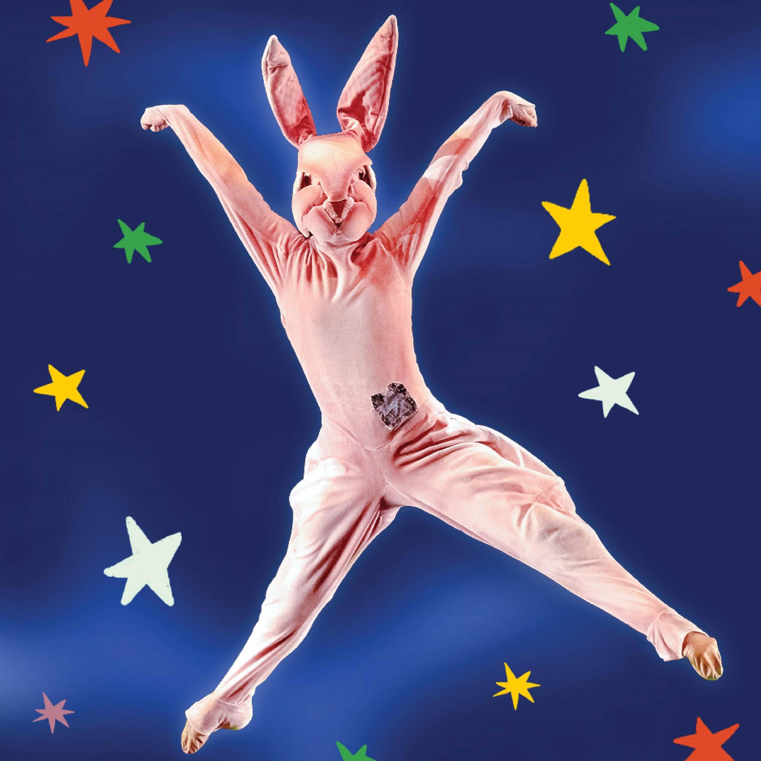 Image contains a dark blue background with white, red, green, yellow and pink stars surrounding a dancer in a rabbit suit mid jump with their body in an X shape.