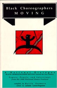 Poster Image, publicizing Black Choreographers Moving, with black cutout abstract dancer image against a red background.