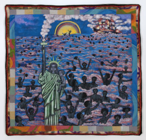 Quilt image of Statue of Liberty as a Black woman holding a small child, surrounded by water with escaped formerly enslaved people.