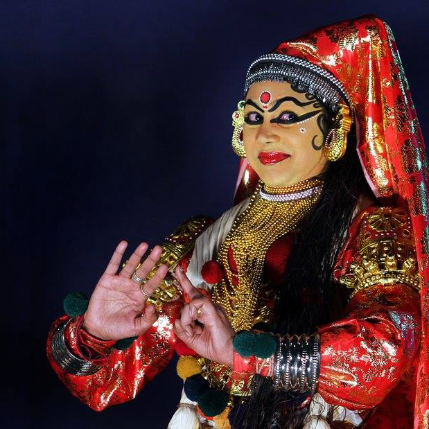 Performance photo of Kalyana Sougandhikam was written by Kottayath Thamburan based on events in the Mahābhārata during the Pandavas’ vanavasa ( exile in the forest ) at Kamyaka Forest.