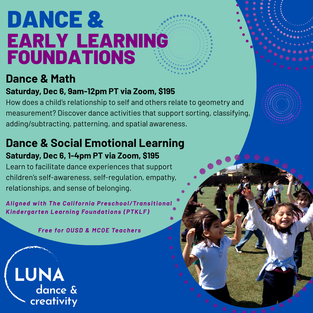 Light blue circle on dark blue background with small circles of purple dots; at lower right, two smiling children dance with arms reaching up