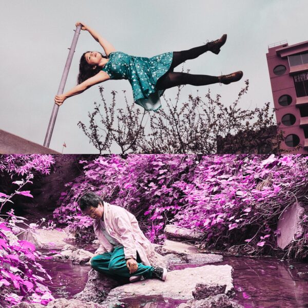 Two image collage: top image is of Megan Lowe swinging sideways from a pole using her arms, feet in the air; bottom image is of Kevin CK Lo, dancing near a stream, Photo Credits: Top image by Maurice Ramirez of Megan Lowe; Bottom image by Miriam Wolodarksi of Kevin CK Lo