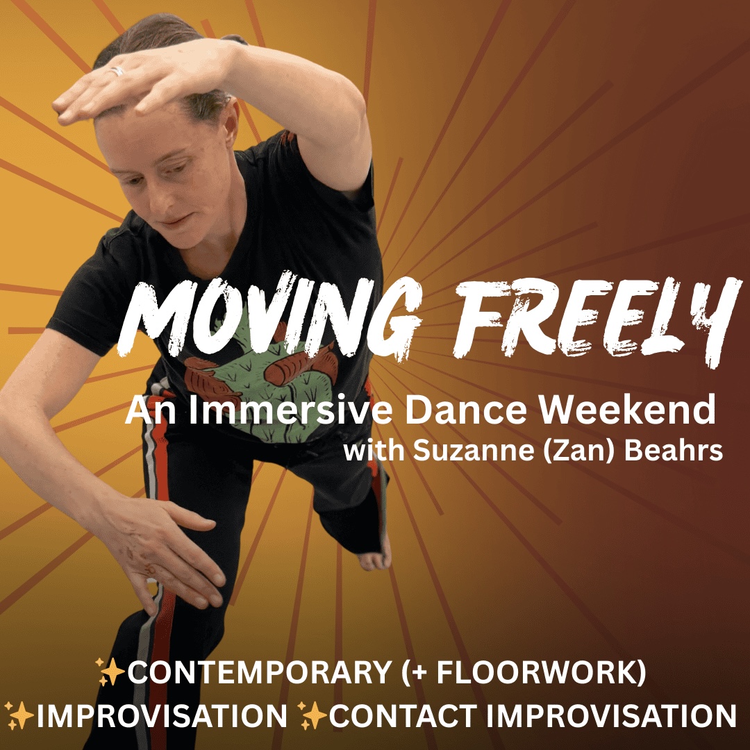 Suzanne arcing arms in a lunging dance with golden lines radiating outward.