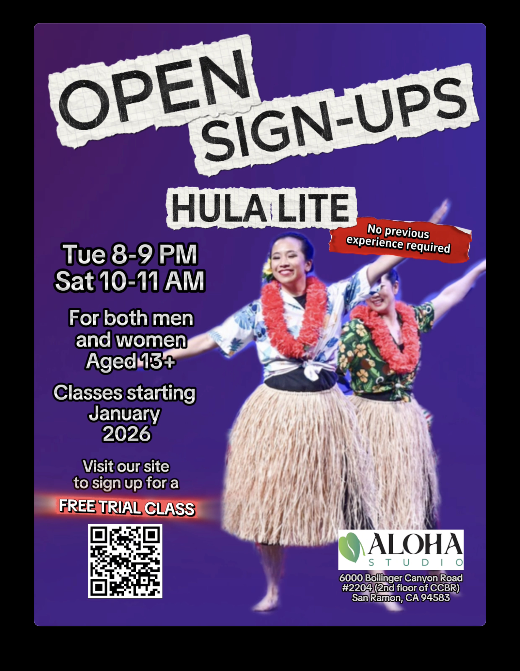Open Sign-ups for Hula Lite. Held on Tuesdays 8-9pm and Saturdays 10-11am. For both men and women aged 13 and older. Classes starting in January 2026. Visit our site to sign up for a FREE TRIAL CLASS at aloha.studio.net