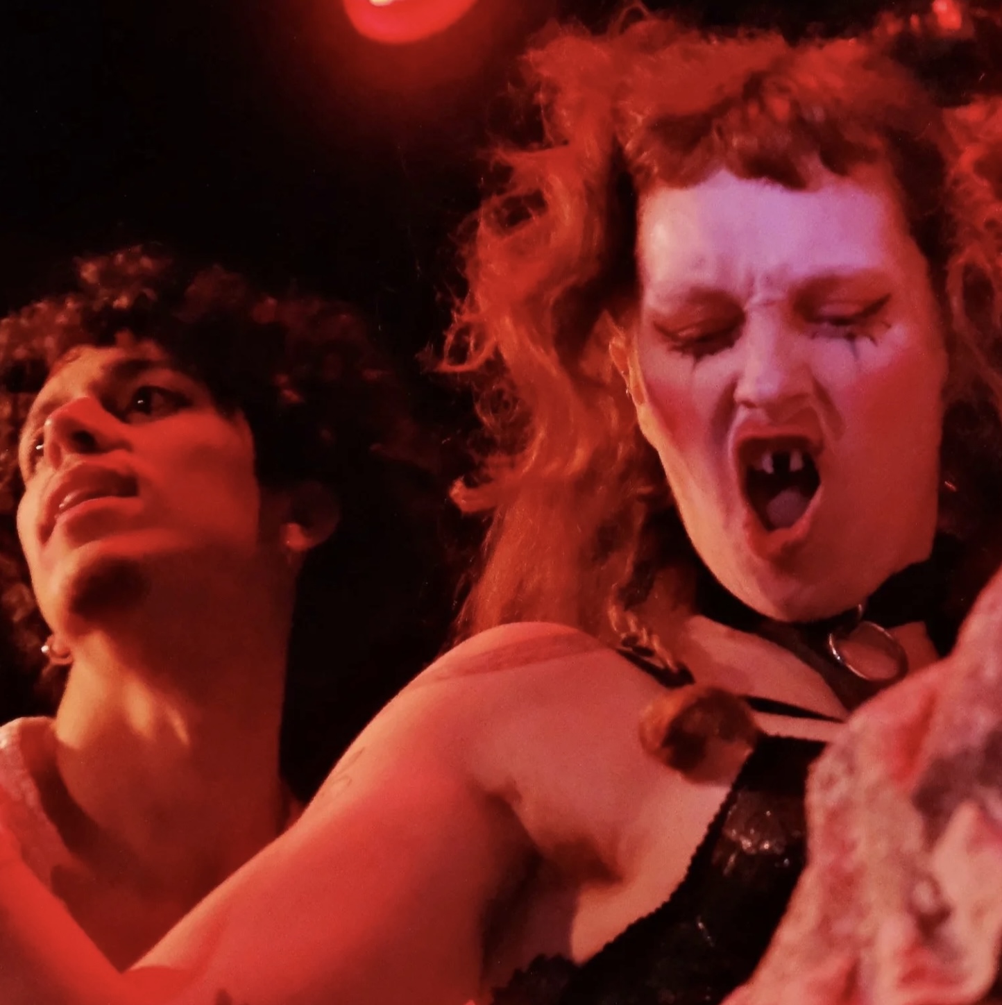 Two performers are captured mid-performance under deep red stage lighting. In the foreground, a performer with curly red hair, dramatic eye makeup, and visible fangs sings or shouts with mouth wide open, wearing a black strappy costume and choker. Behind and slightly to the left, another performer with short dark curls gazes upward, their face lit by the same red glow. Both appear intensely focused and expressive, bodies close together, conveying raw energy, emotion, and theatrical power. The image feels charged, intimate, and visceral, emphasizing movement, sweat, and the heat of live performance.