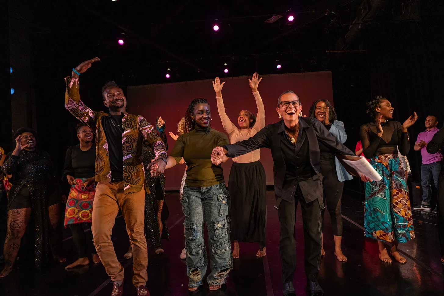 Sarah Crowell (bowing with the big smile on the right) at Soul Stories, the annual showcase that closes each Liberation Academy season. Sarah co-founded the Liberation Academy at Dance Mission. Photo courtesy of Dance Brigade.