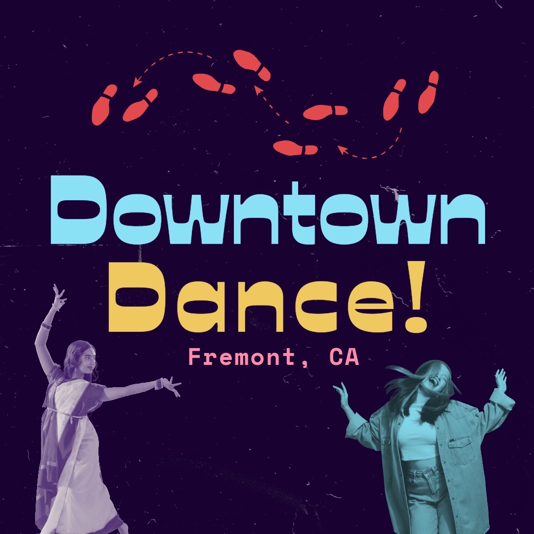 Downtown Dance in Fremont, CA. An Indian woman in traditional dance attire strikes a pose.  A young Korean woman throws her hands up in the air in a dance move.