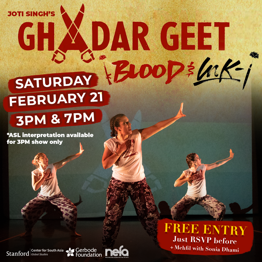 three South Asian dancers in synchronized poses with raised hands against a gradient teal-to-yellow background. Bold red text reads 