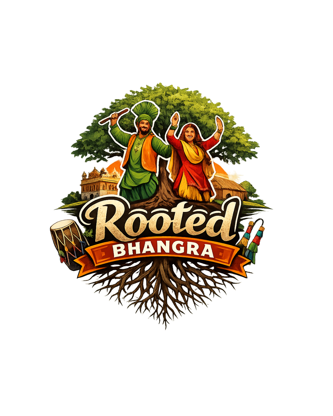 Illustrated image of a man and a woman wearing traditional Punjabi folk attire performing a lively Bhangra dance beneath a leafy tree, with their arms raised in energetic movement. Rooted Bhangra is written across the bottom.