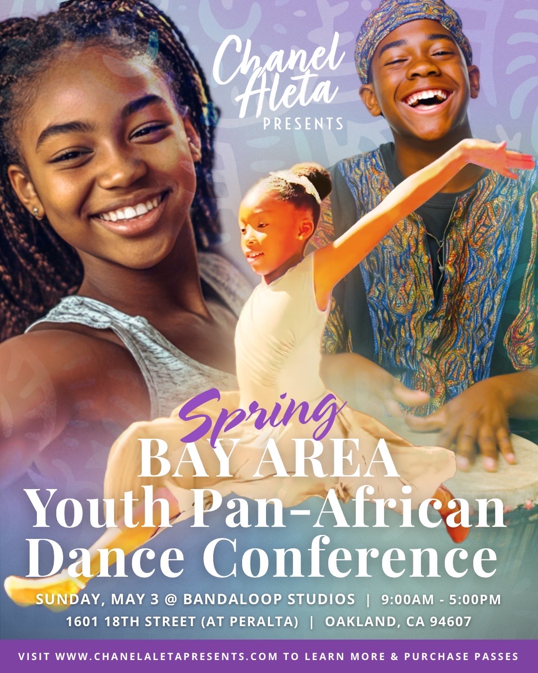 Promotional graphic for the Spring Bay Area Youth Pan-African Dance Conference featuring three smiling young dancers, including a child in motion, with event details for Sunday, May 3 at Bandaloop Studios in Oakland.