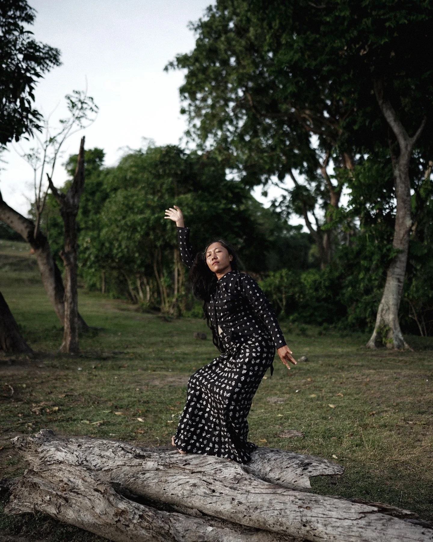 the image shows a woman dressed in a black and white patterned shirt and long skirt, standing on a horizontal log while outside, surrounded by greenery and trees. She is in a dance position with the right arm up and the left arm down. Her eyes are closed and her face is calm. 